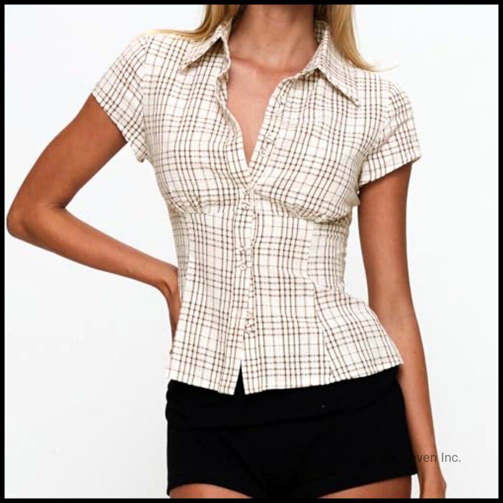 Y2K V-Neck Crop Top Short Sleeve Button-Up Blouse Slim Fit Fairycore - Picture 4 of 7